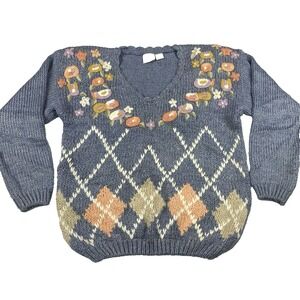 Vintage Women's Chunky Knit Sweater Size Medium Needles and Yarn Crochet‎ Floral
